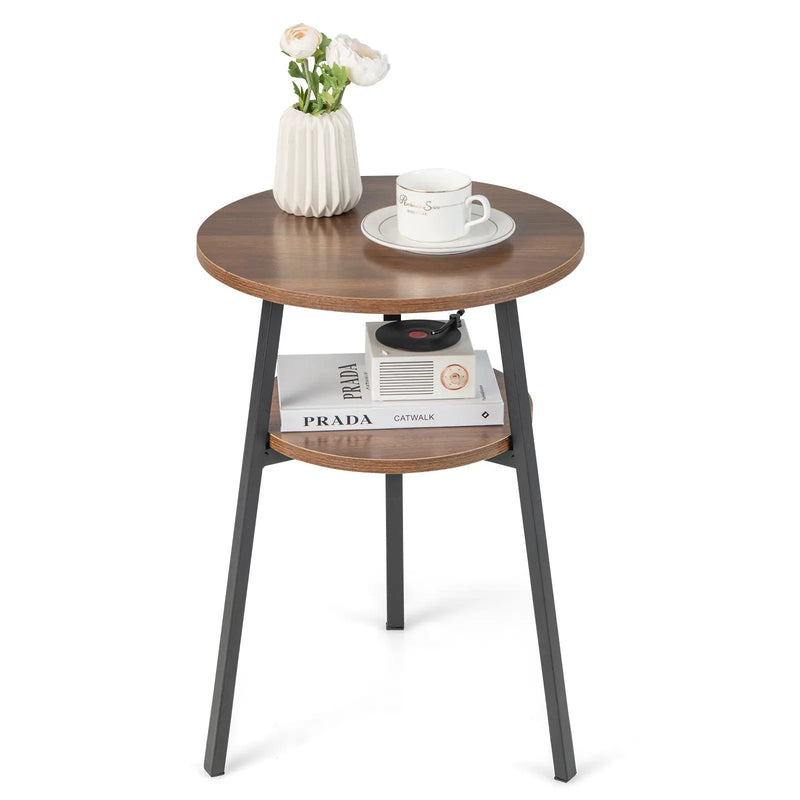 2-Tier Round End Table with Open Shelf and Triangular Metal Frame by DirectDeals