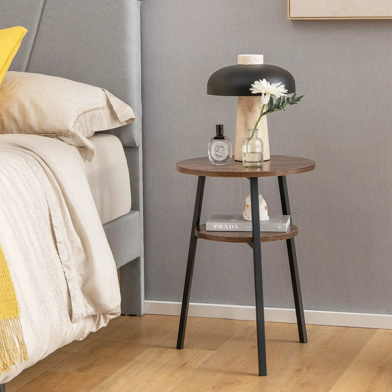 2-Tier Round End Table with Open Shelf and Triangular Metal Frame by DirectDeals