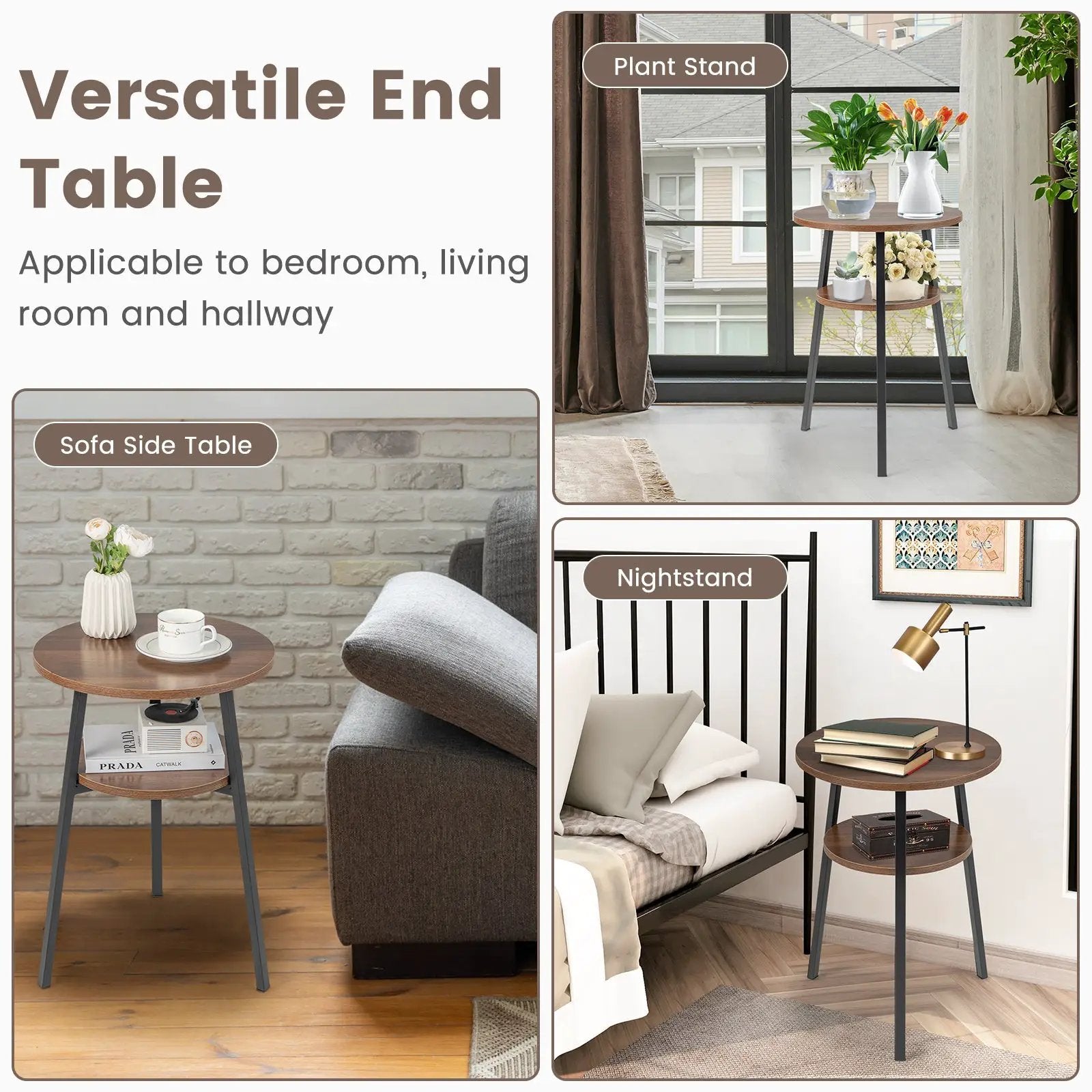 2-Tier Round End Table with Open Shelf and Triangular Metal Frame by DirectDeals