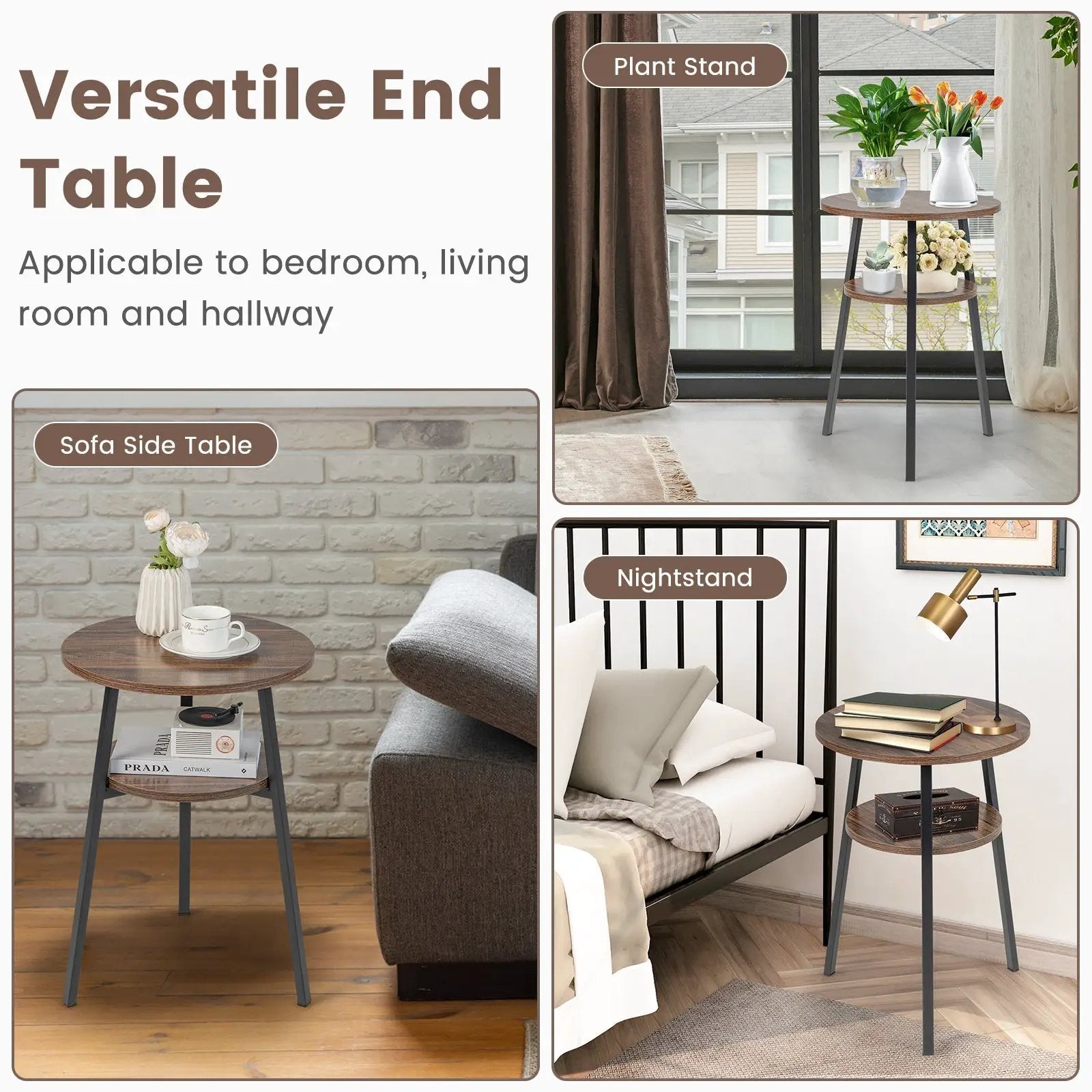 2-Tier Round End Table with Open Shelf and Triangular Metal Frame by DirectDeals