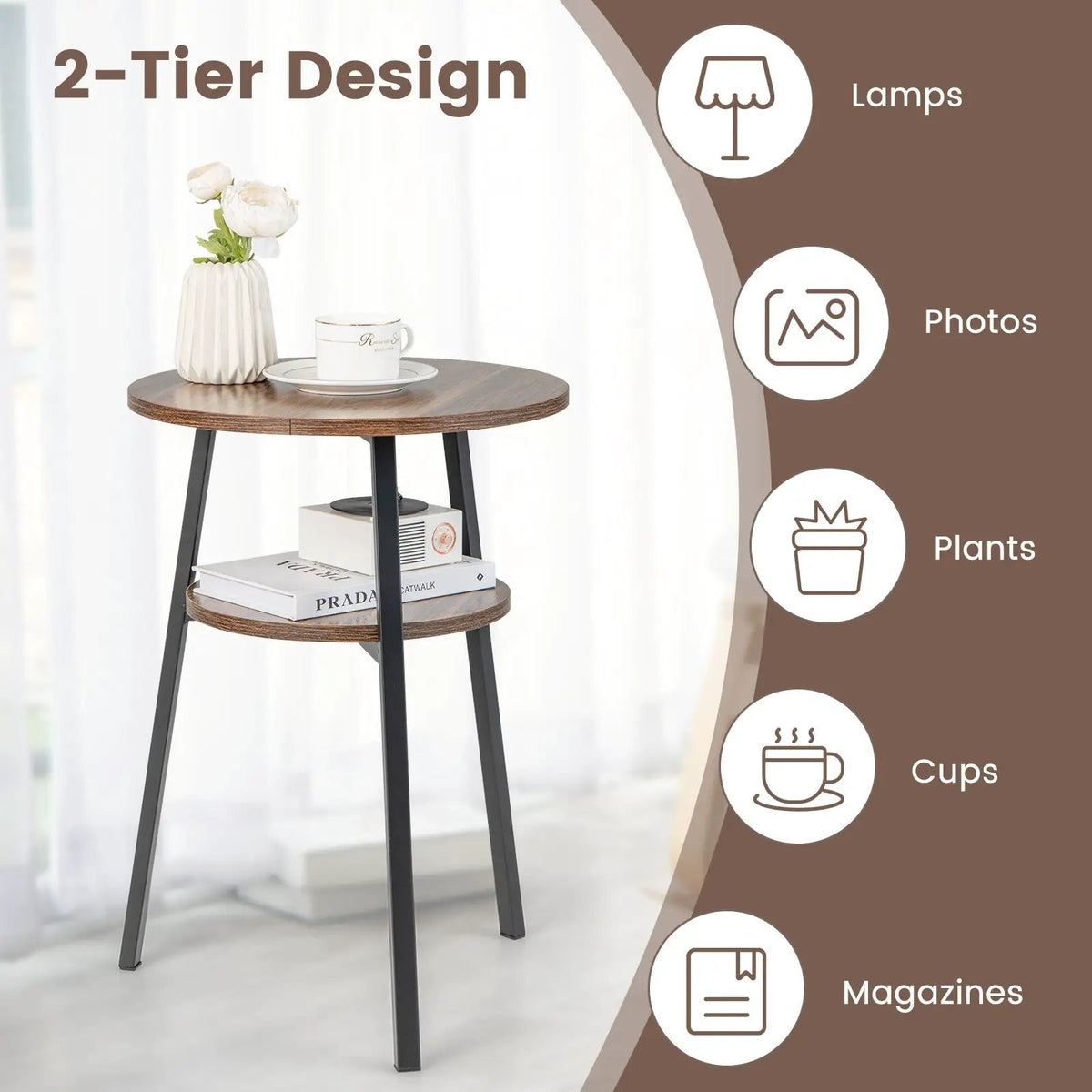 2-Tier Round End Table with Open Shelf and Triangular Metal Frame, photo 11 of 16
