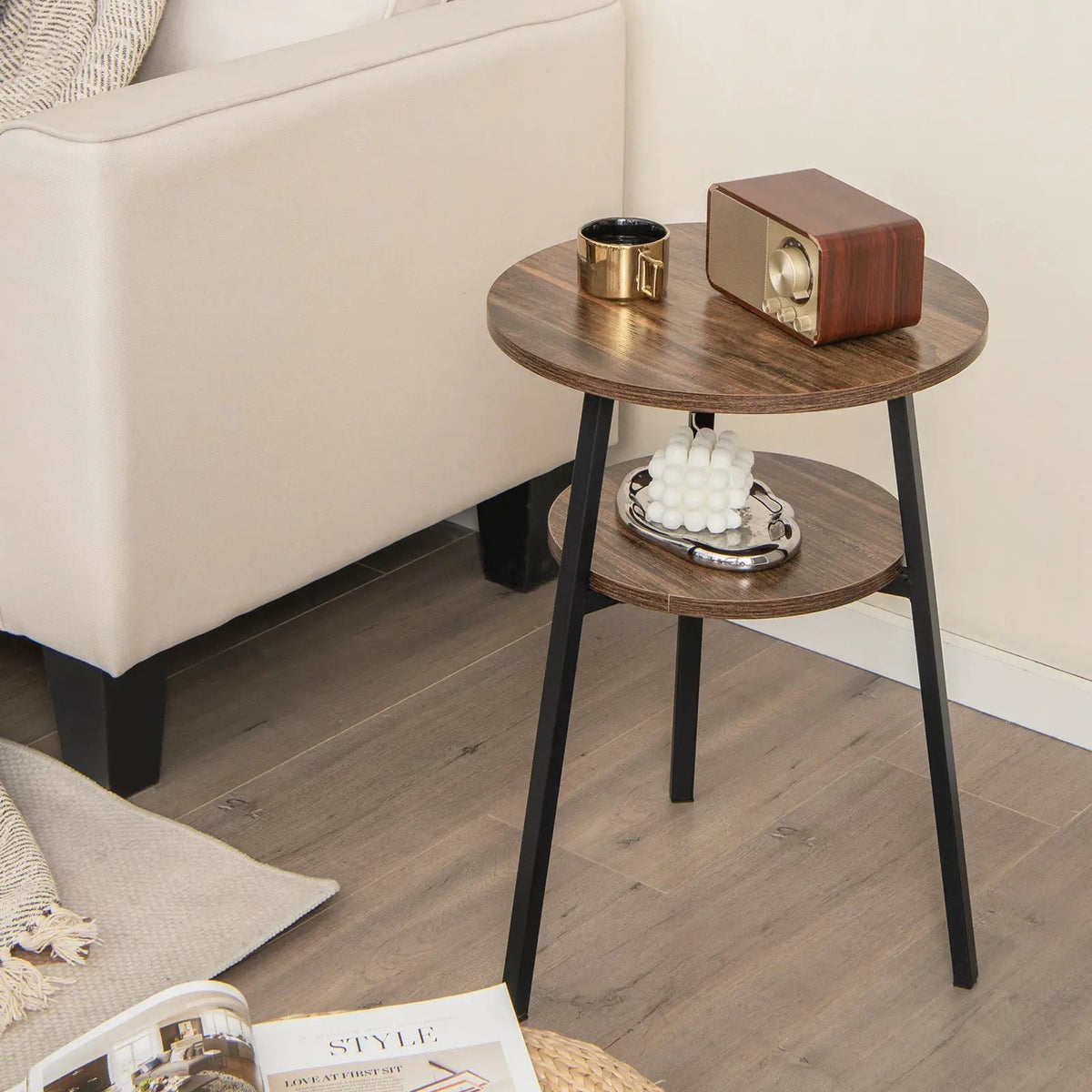 2-Tier Round End Table with Open Shelf and Triangular Metal Frame, photo 3 of 16