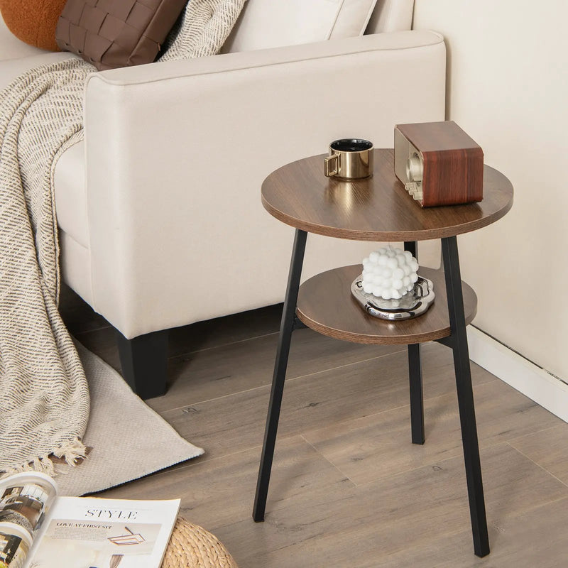2-Tier Round End Table with Open Shelf and Triangular Metal Frame by DirectDeals