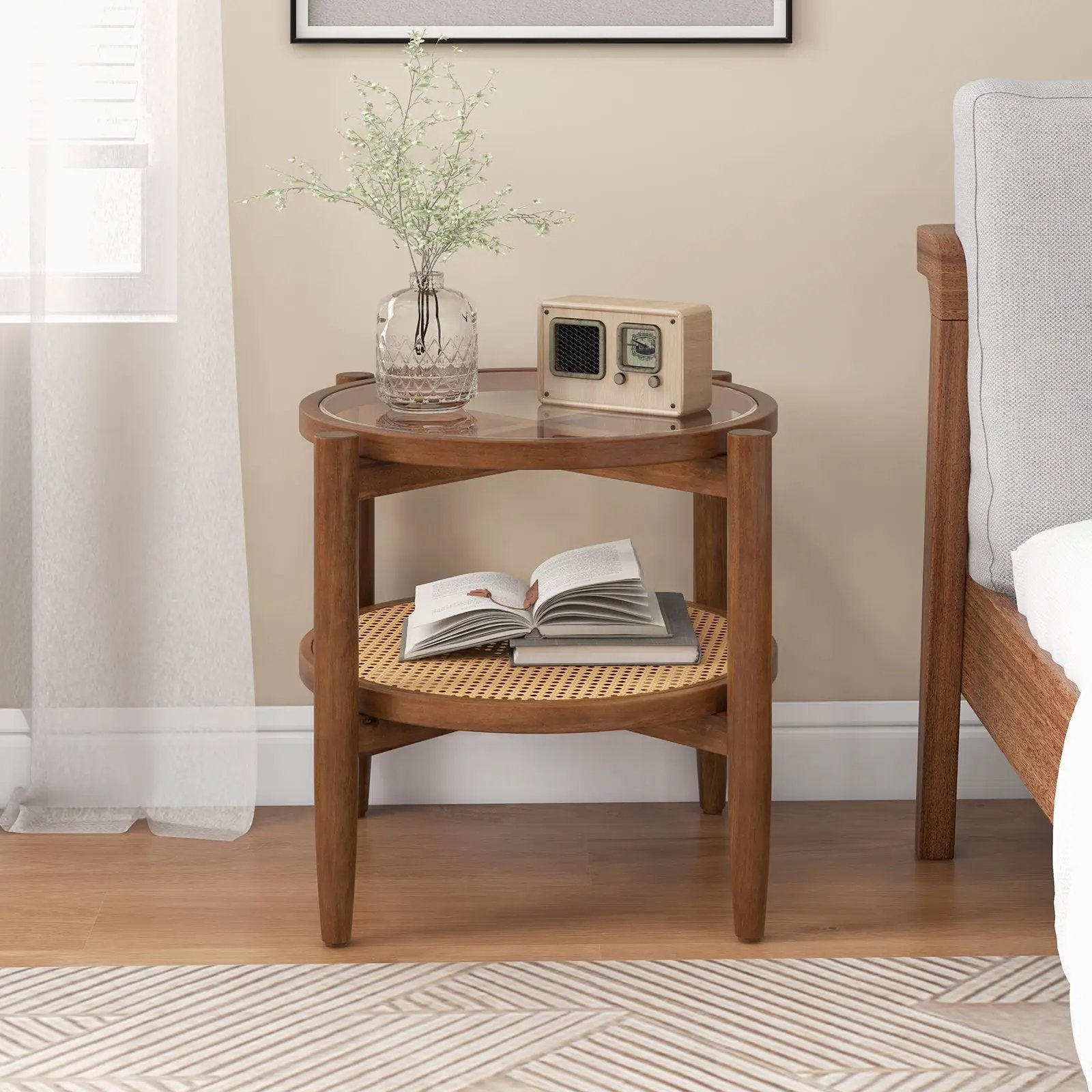 Rattan Round Side End Table with Tempered Glass Tabletop by DirectDeals