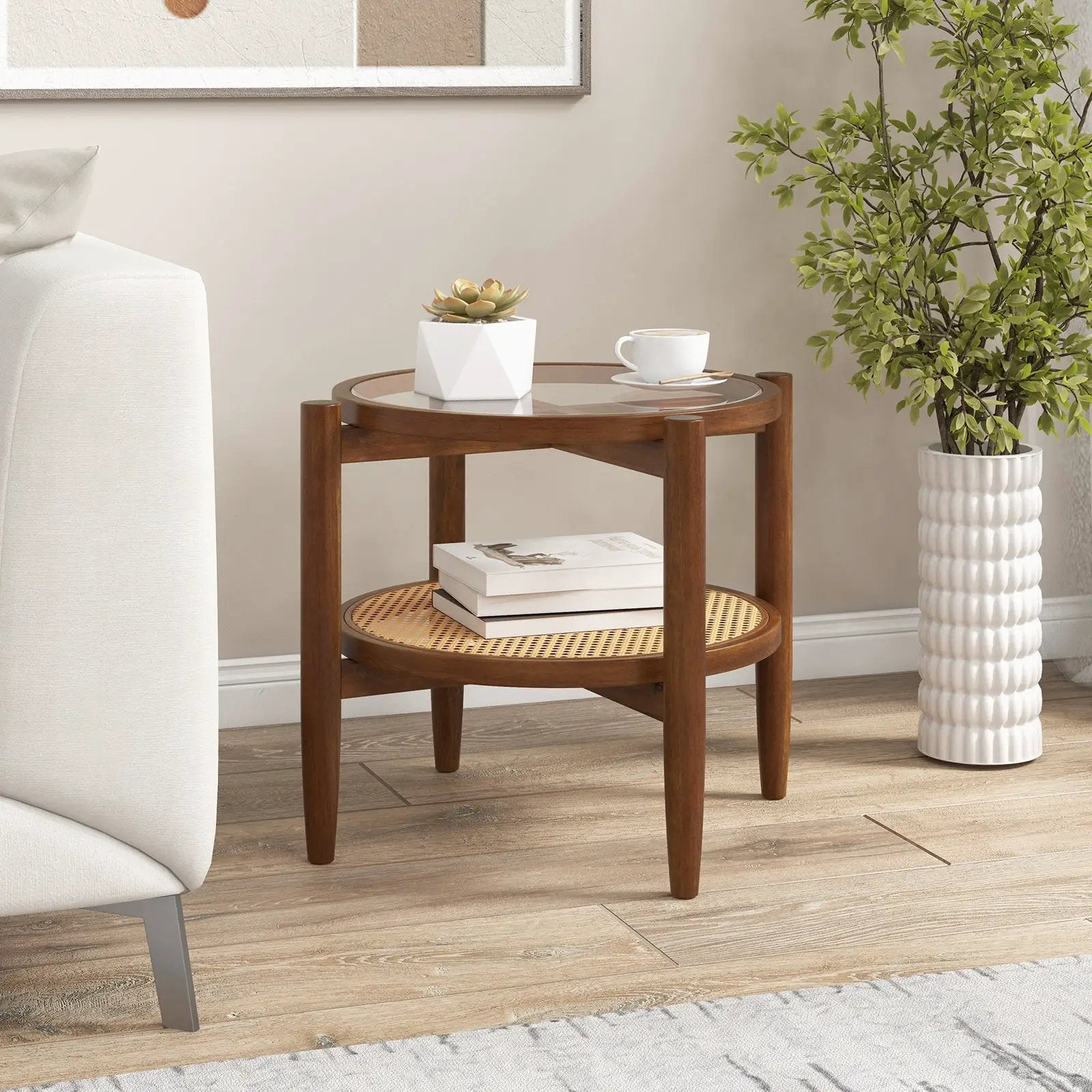 Rattan Round Side End Table with Tempered Glass Tabletop by DirectDeals