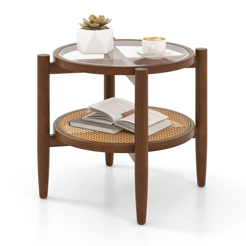 Rattan Round Side End Table with Tempered Glass Tabletop by DirectDeals