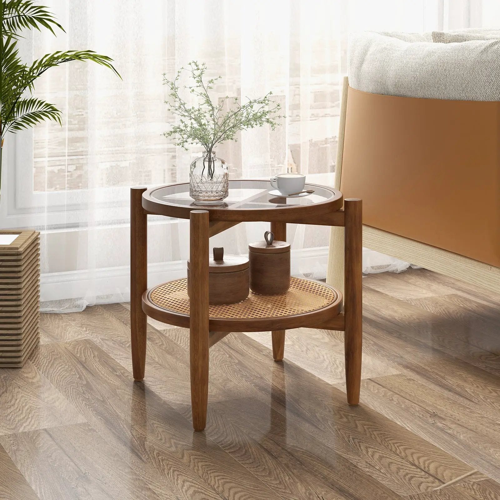 Rattan Round Side End Table with Tempered Glass Tabletop by DirectDeals