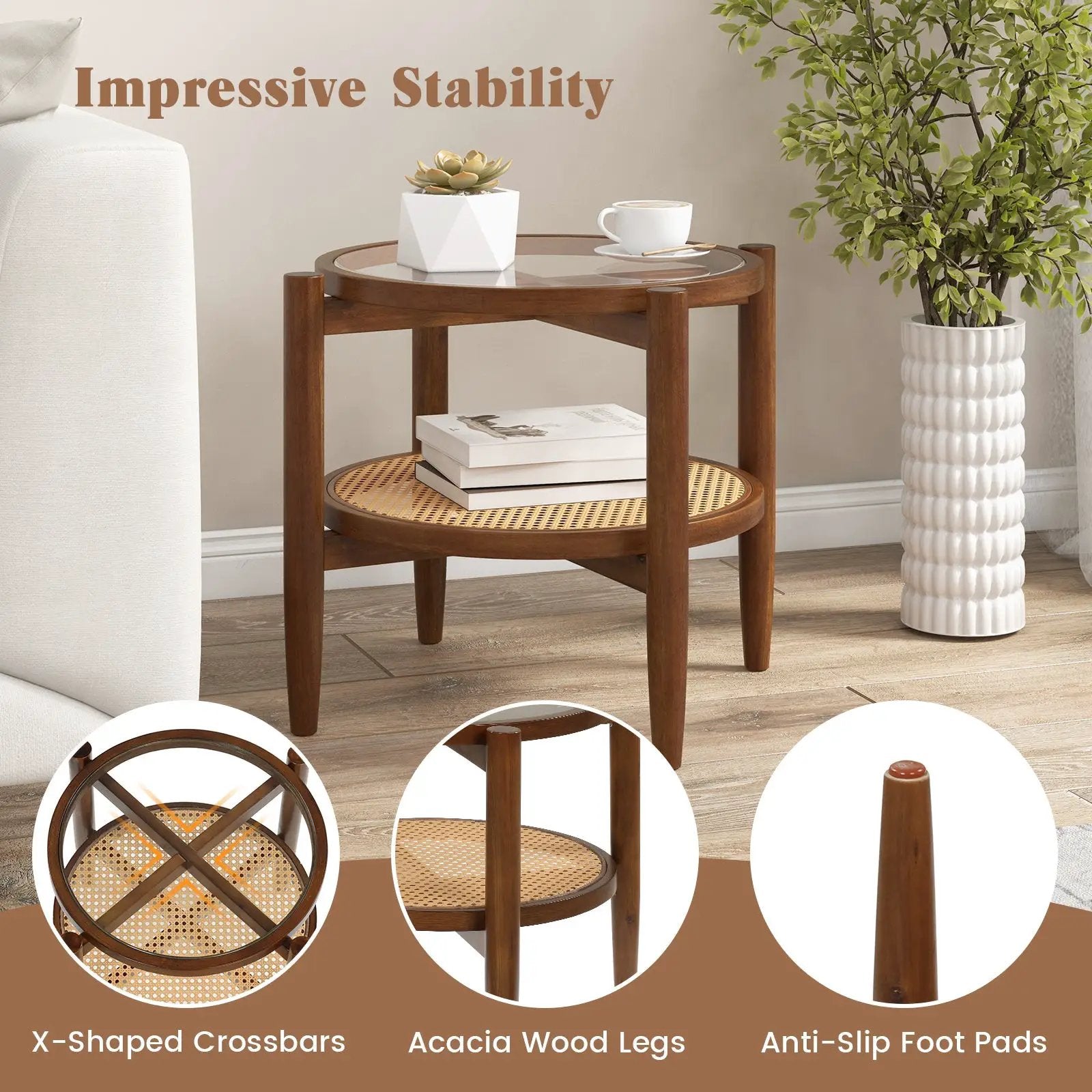 Rattan Round Side End Table with Tempered Glass Tabletop by DirectDeals