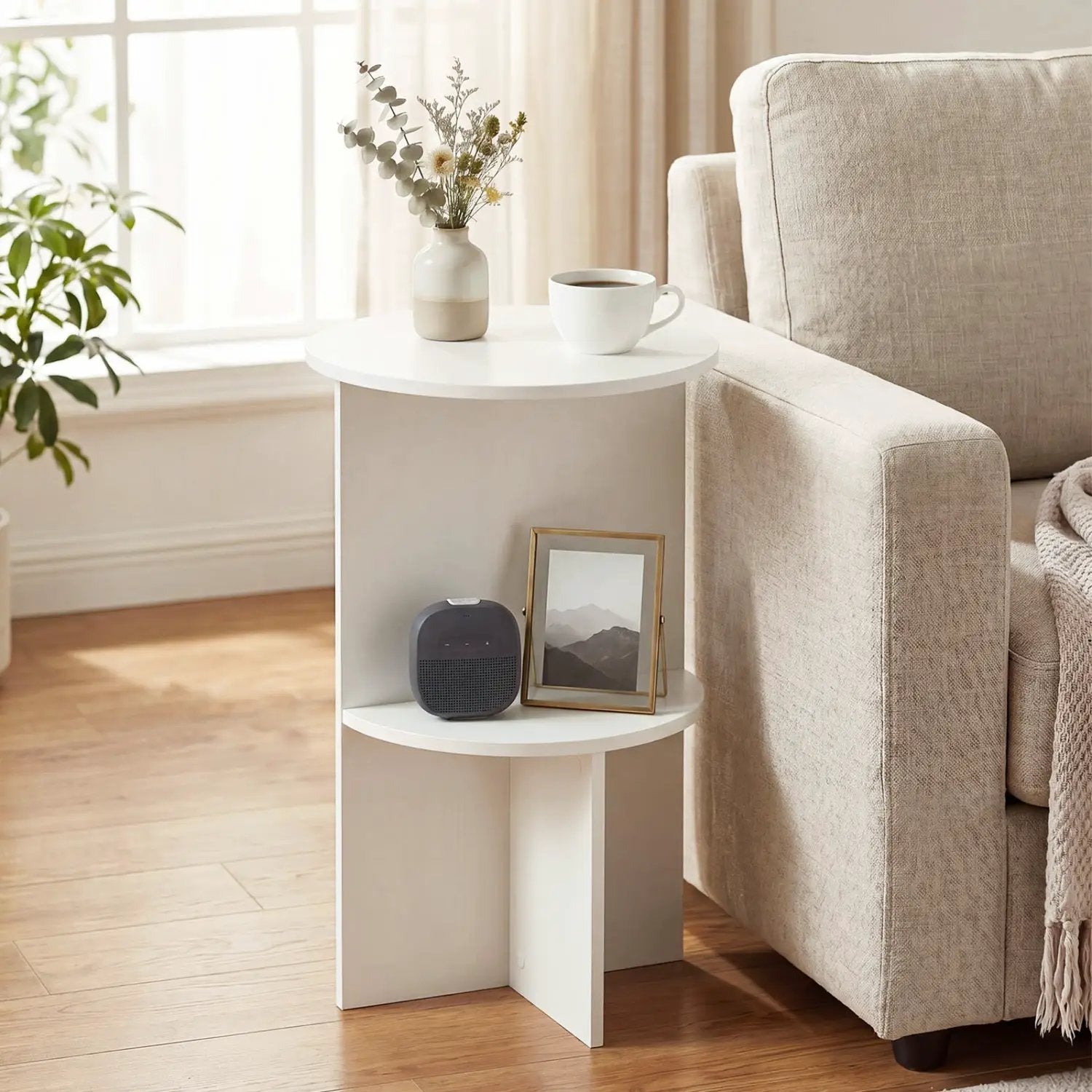Round Side Table with Storage Shelf, 2-Tier White by DirectDeals