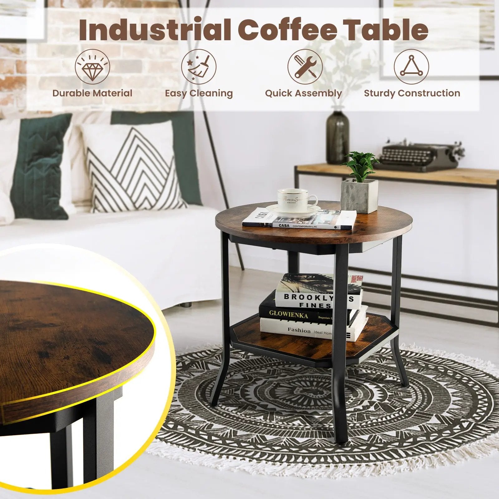 2-Tier Round End Table with Storage Shelf for Living Room-Brown by DirectDeals