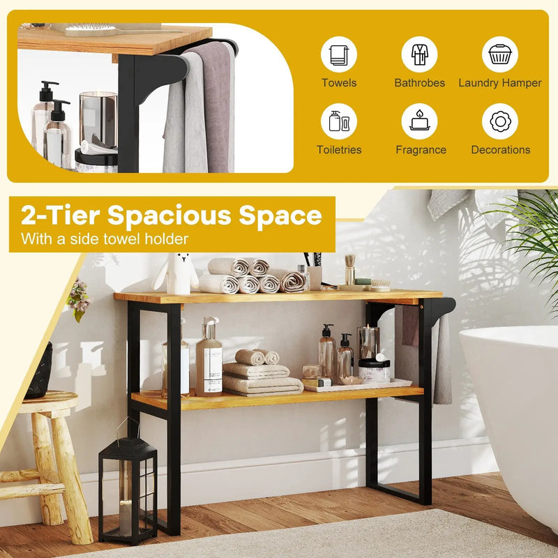 2-Tier Solid Teak Wood Bathroom Shelf with Towel Rack by DirectDeals