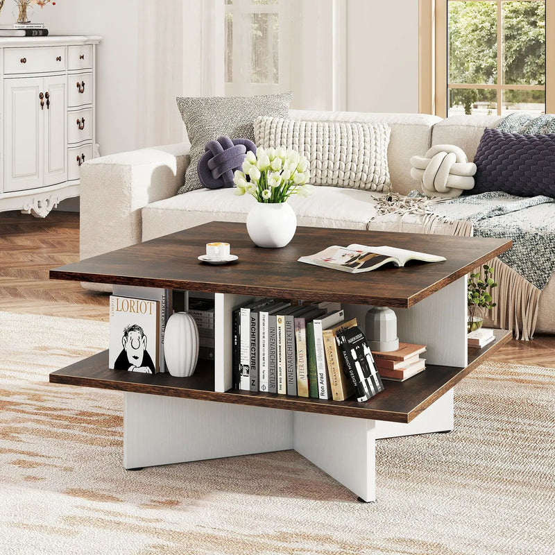 2-Tier Square Coffee Table with 4 Storage Compartments-Rustic Brown by DirectDeals
