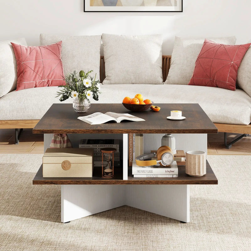 2-Tier Square Coffee Table with 4 Storage Compartments-Rustic Brown by DirectDeals