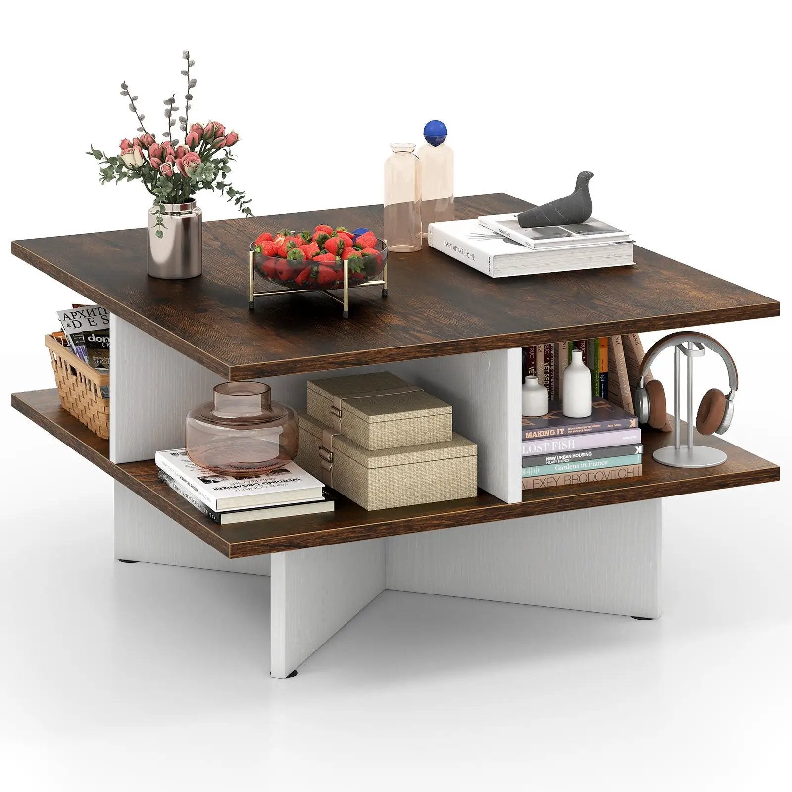 2-Tier Square Coffee Table with 4 Storage Compartments-Rustic Brown by DirectDeals