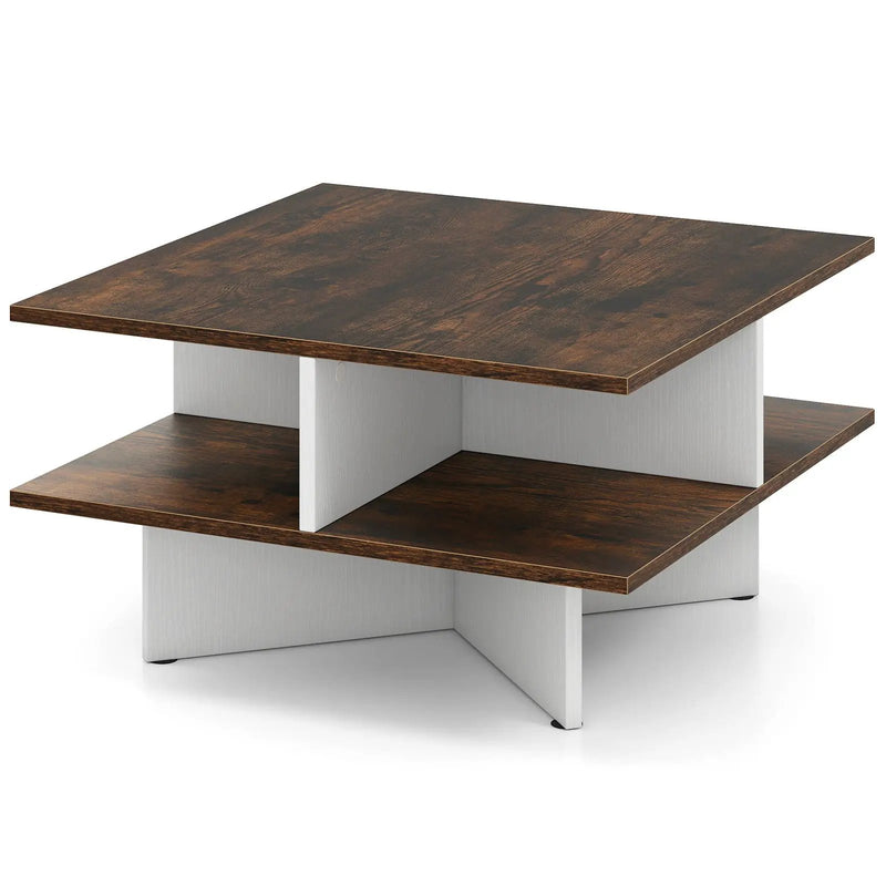 2-Tier Square Coffee Table with 4 Storage Compartments-Rustic Brown by DirectDeals