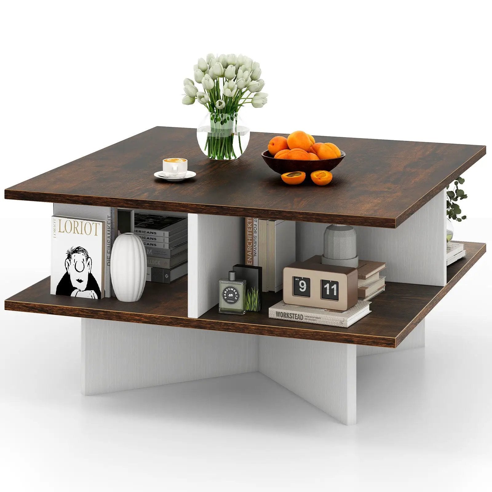 2-Tier Square Coffee Table with 4 Storage Compartments-Rustic Brown by DirectDeals