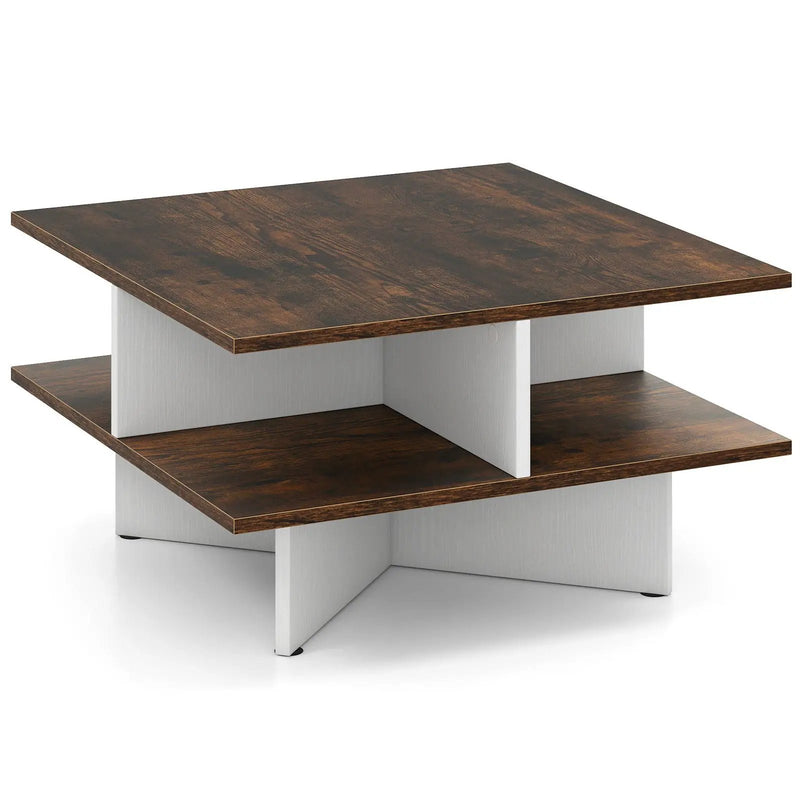 2-Tier Square Coffee Table with 4 Storage Compartments-Rustic Brown by DirectDeals