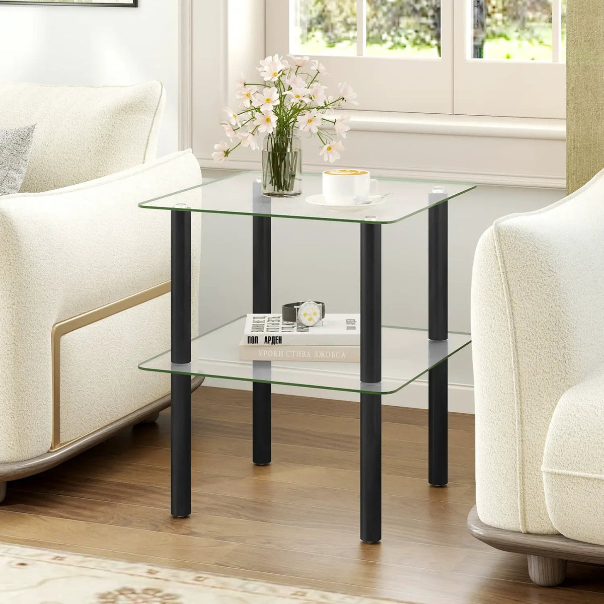 Square End Table with Tempered Glass Top and Shelf, photo 9 of 16