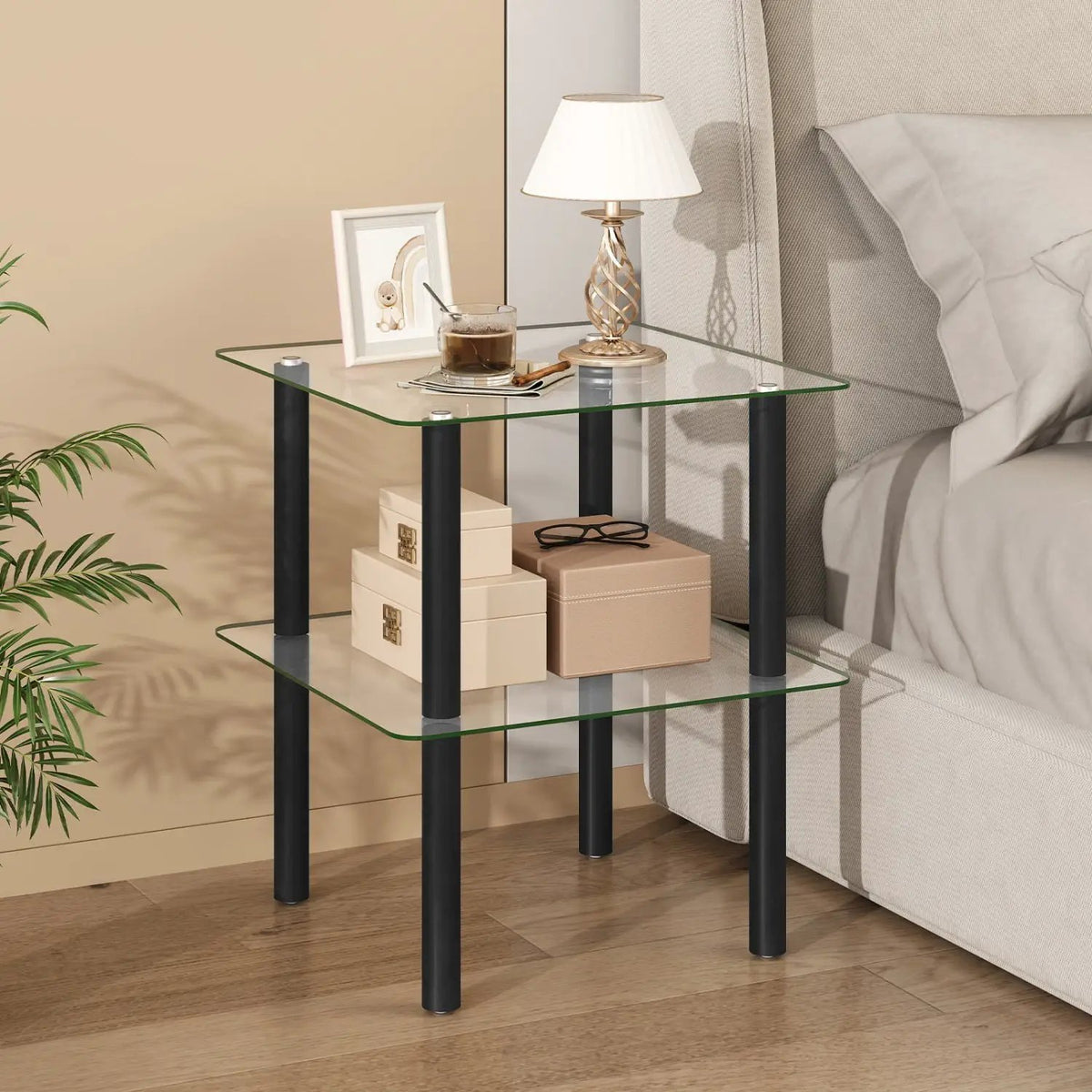 Square End Table with Tempered Glass Top and Shelf, photo 10 of 16