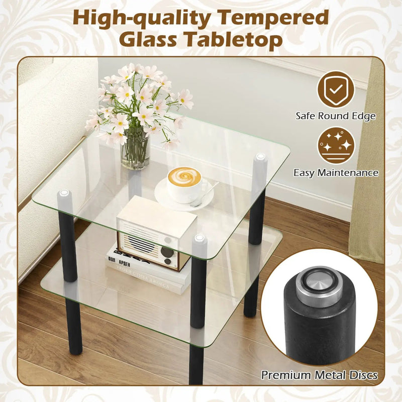 Square End Table with Tempered Glass Top and Shelf by DirectDeals