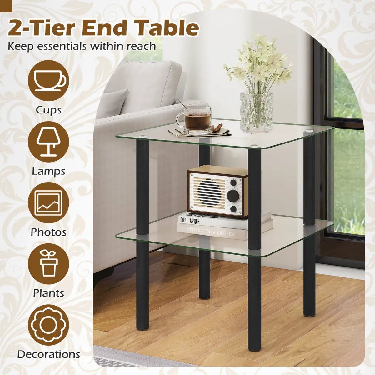 Square End Table with Tempered Glass Top and Shelf, photo 16 of 16
