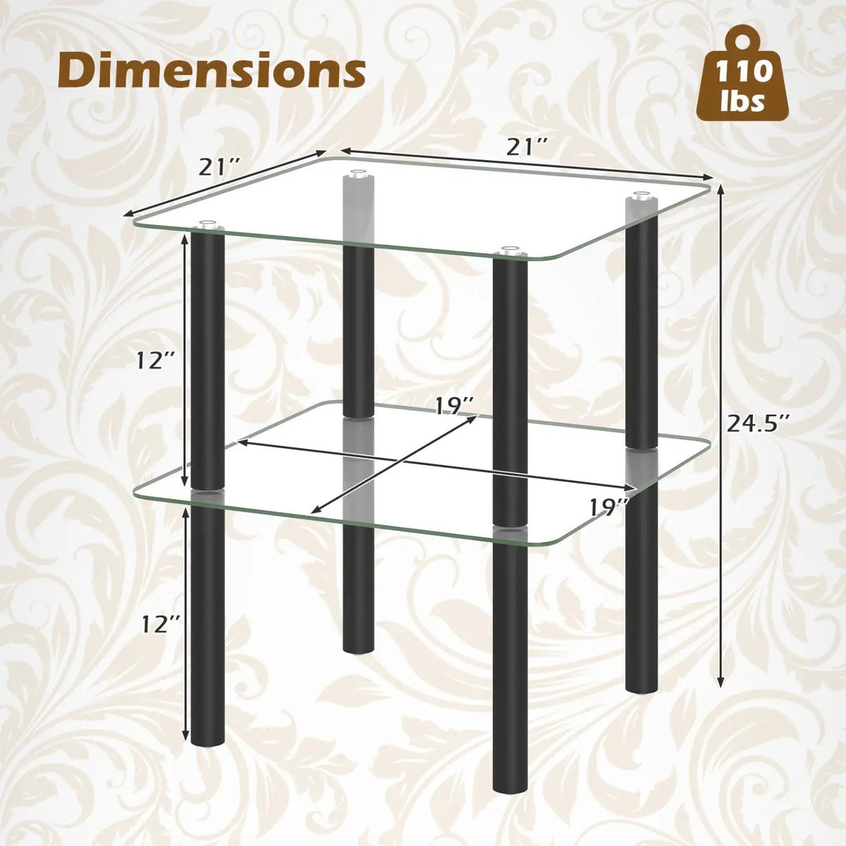 Square End Table with Tempered Glass Top and Shelf, photo 13 of 16