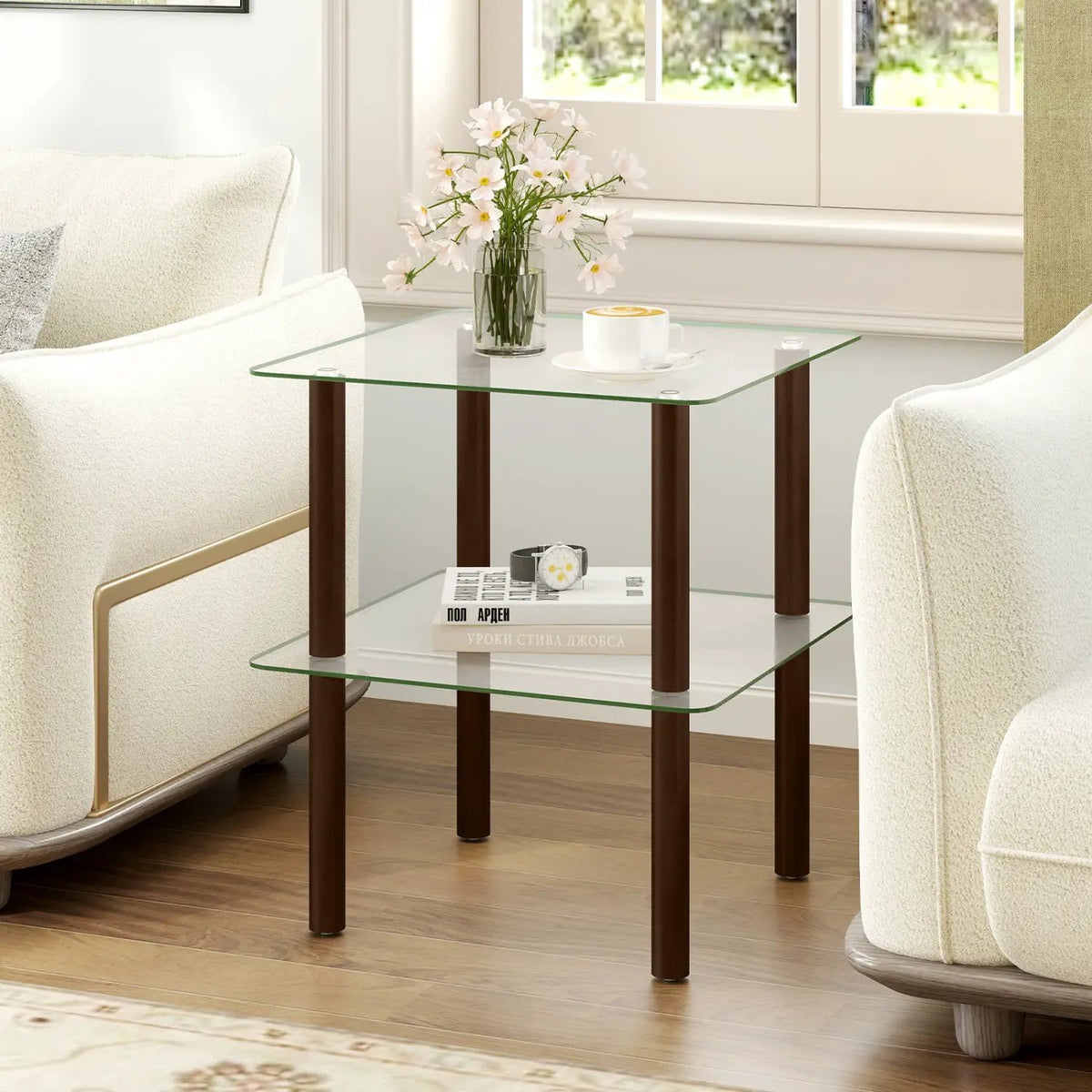 Square End Table with Tempered Glass Top and Shelf