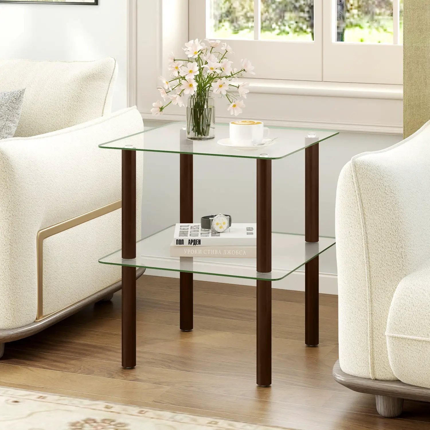 Square End Table with Tempered Glass Top and Shelf by DirectDeals