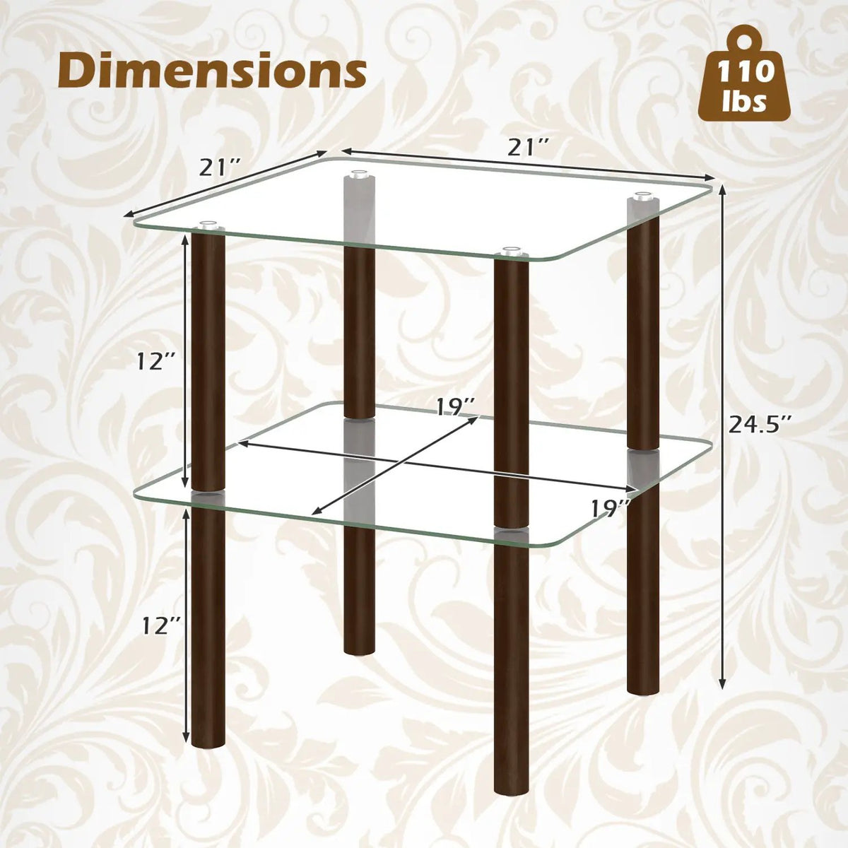 Square End Table with Tempered Glass Top and Shelf, photo 5 of 16