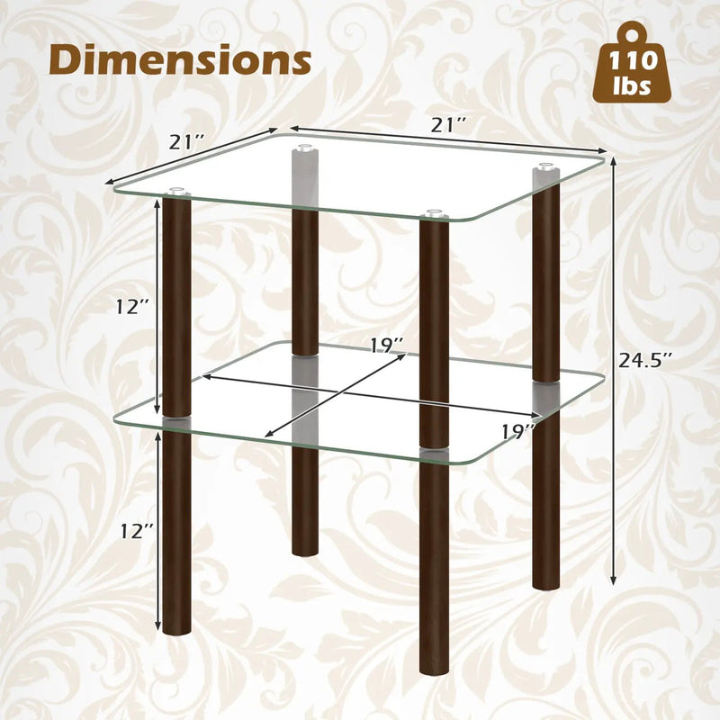 Square End Table with Tempered Glass Top and Shelf by DirectDeals