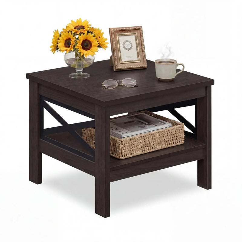 2-Tier Square Side Table with Storage Shelf and X-Frame for Bedroom Living Room by DirectDeals