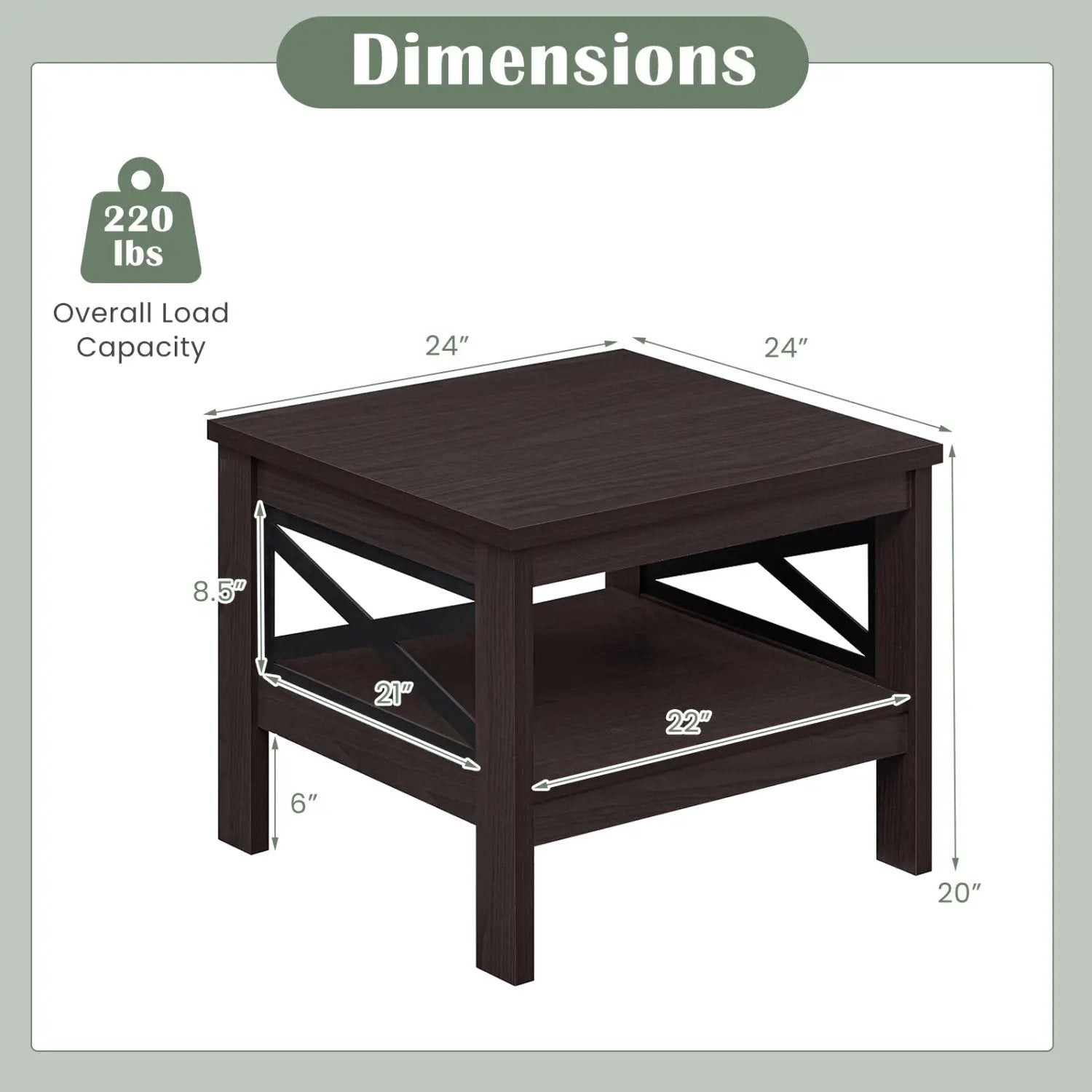 2-Tier Square Side Table with Storage Shelf and X-Frame for Bedroom Living Room by DirectDeals