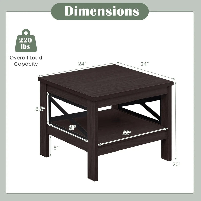 2-Tier Square Side Table with Storage Shelf and X-Frame for Bedroom Living Room by DirectDeals