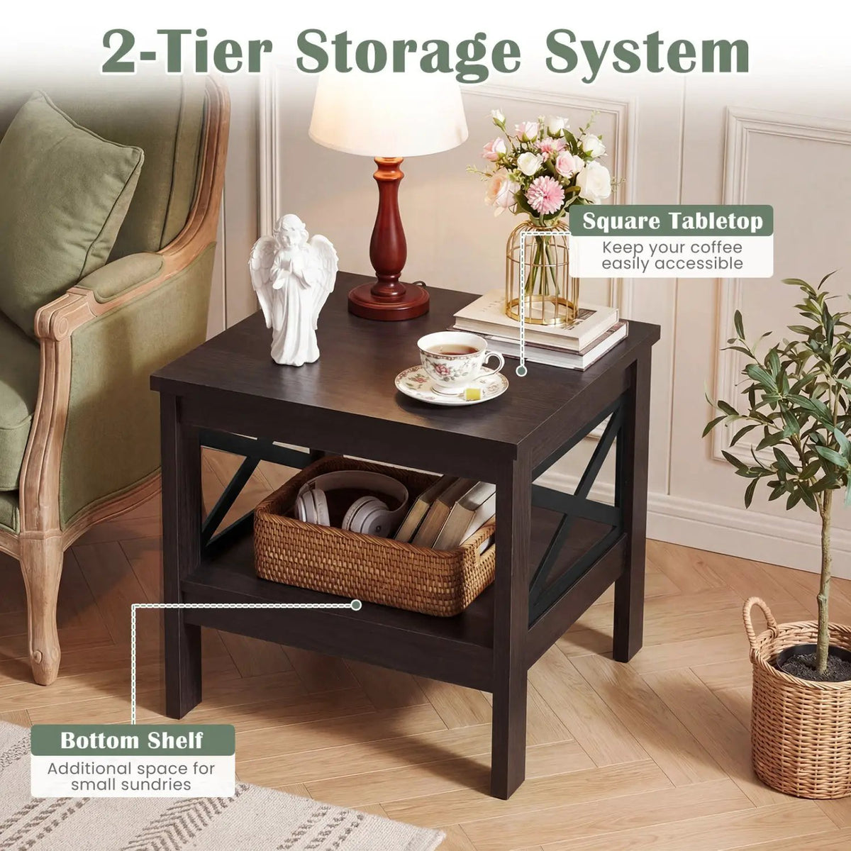 2-Tier Square Side Table with Storage Shelf and X-Frame for Bedroom Living Room, photo 7 of 16