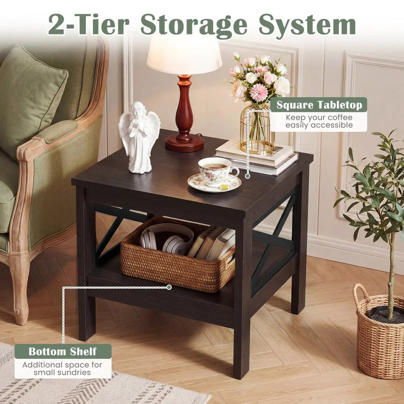 2-Tier Square Side Table with Storage Shelf and X-Frame for Bedroom Living Room by DirectDeals