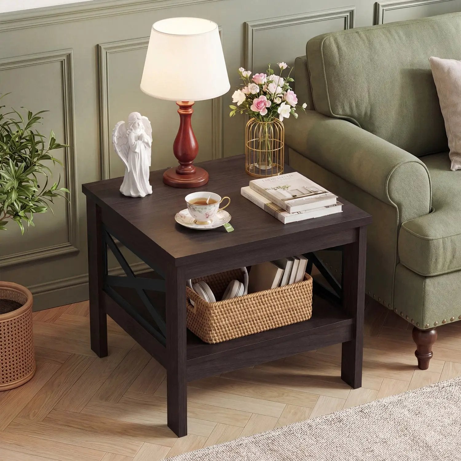 2-Tier Square Side Table with Storage Shelf and X-Frame for Bedroom Living Room by DirectDeals