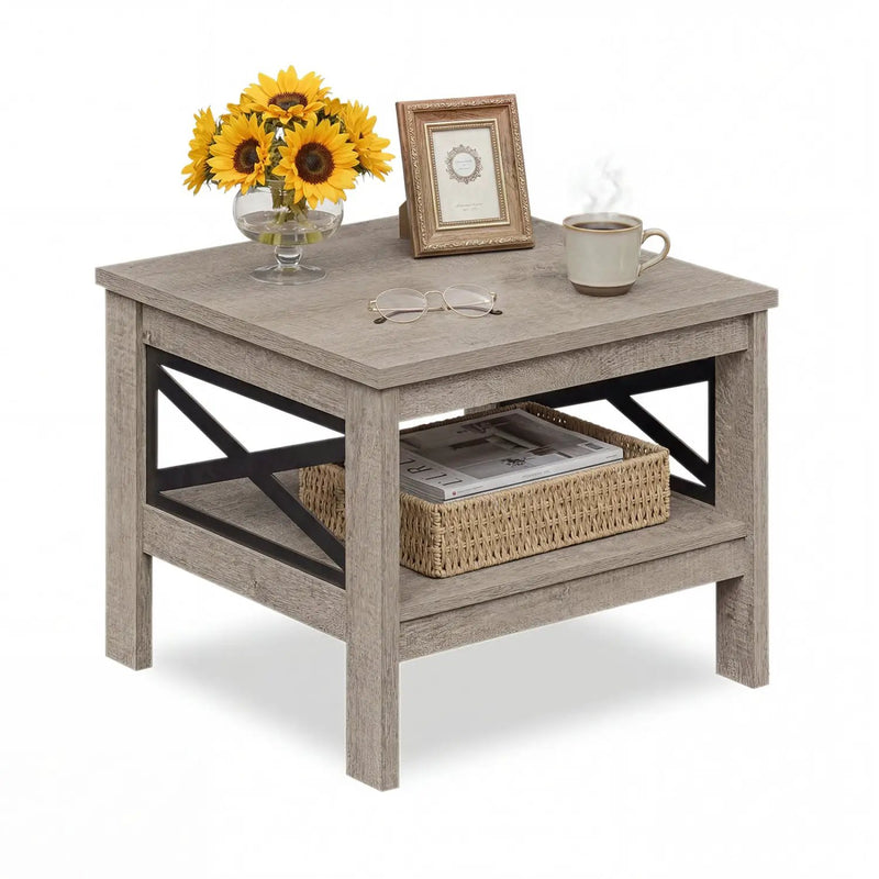 2-Tier Square Side Table with Storage Shelf and X-Frame for Bedroom Living Room by DirectDeals