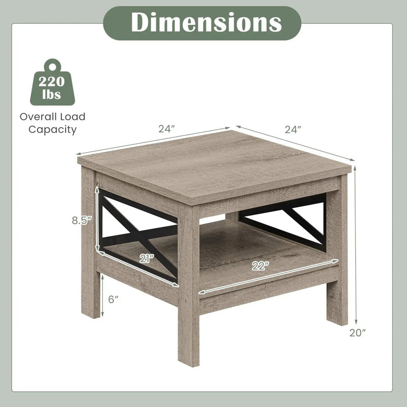 2-Tier Square Side Table with Storage Shelf and X-Frame for Bedroom Living Room by DirectDeals