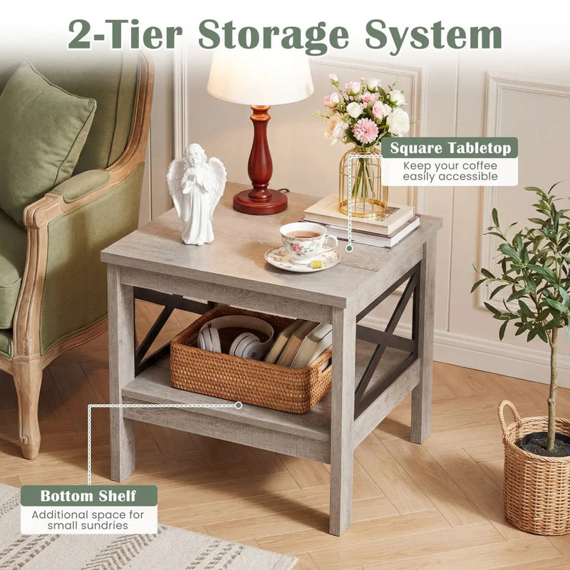 2-Tier Square Side Table with Storage Shelf and X-Frame for Bedroom Living Room by DirectDeals