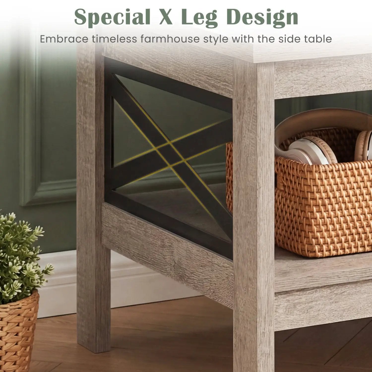 2-Tier Square Side Table with Storage Shelf and X-Frame for Bedroom Living Room by DirectDeals