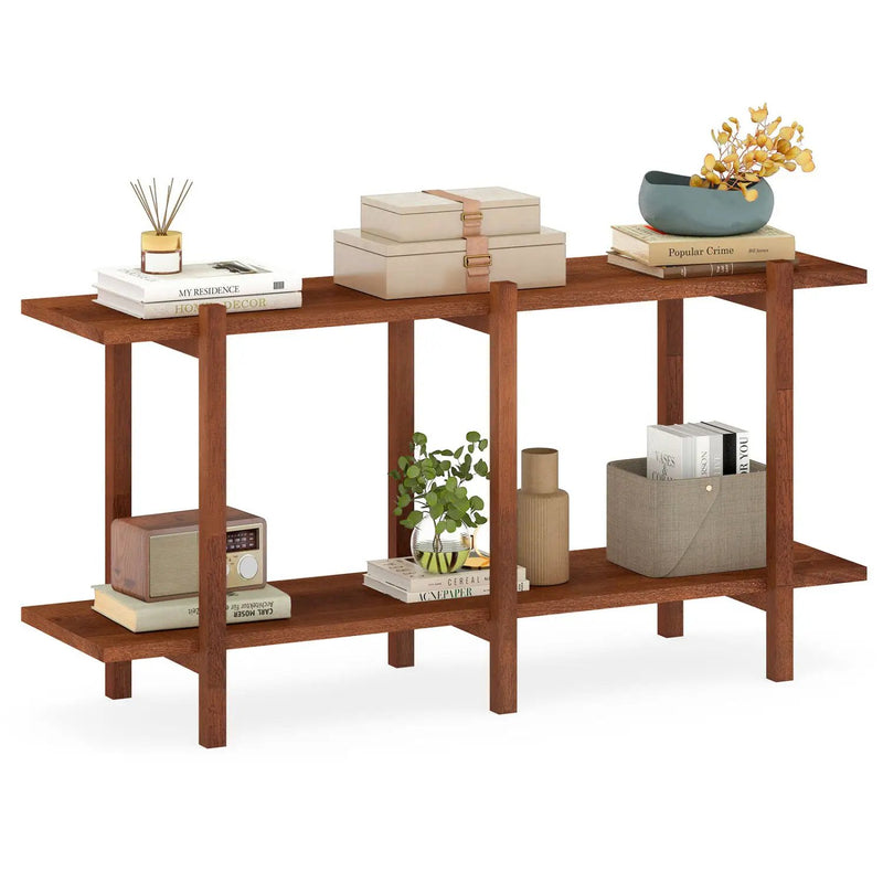 2-Tier Wood Bookshelf Low Horizontal Rubberwood Bookcase for Display-Walnut by DirectDeals