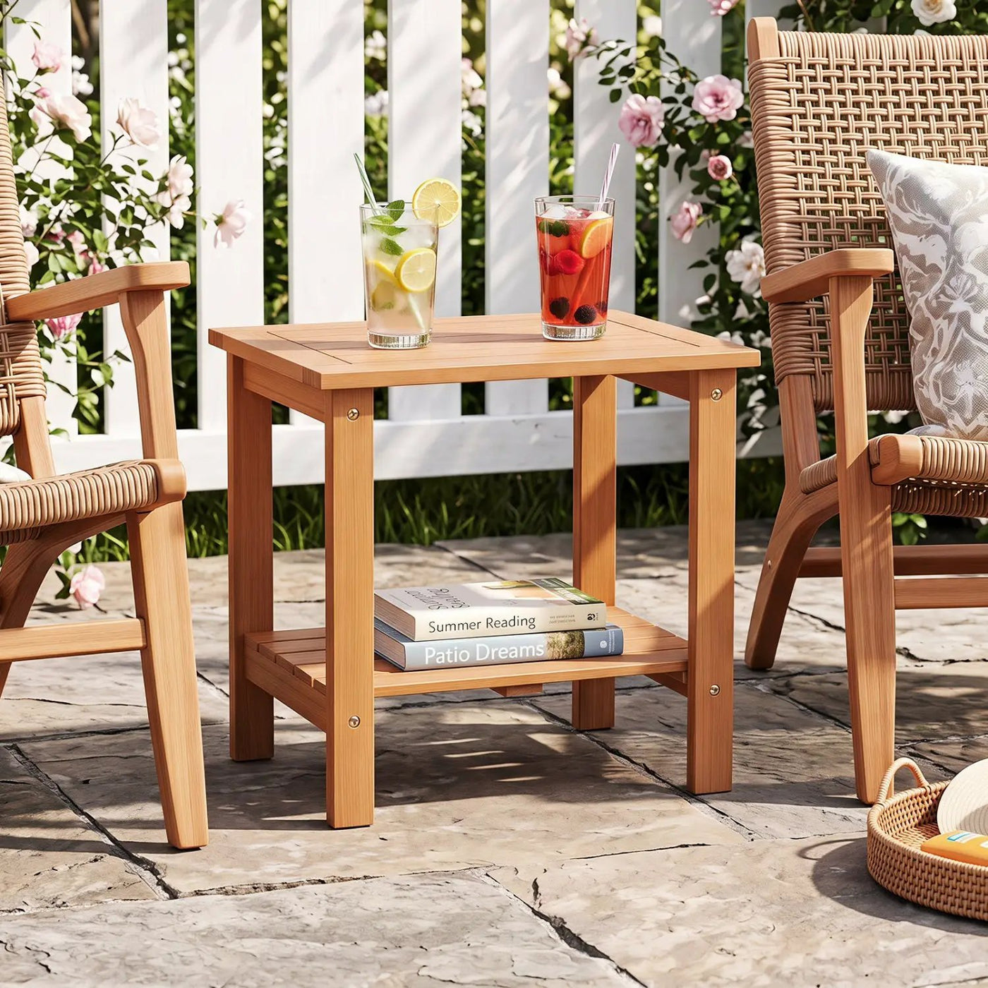 2-Tier Eucalyptus Wood Patio End Table with Storage Shelf by DirectDeals