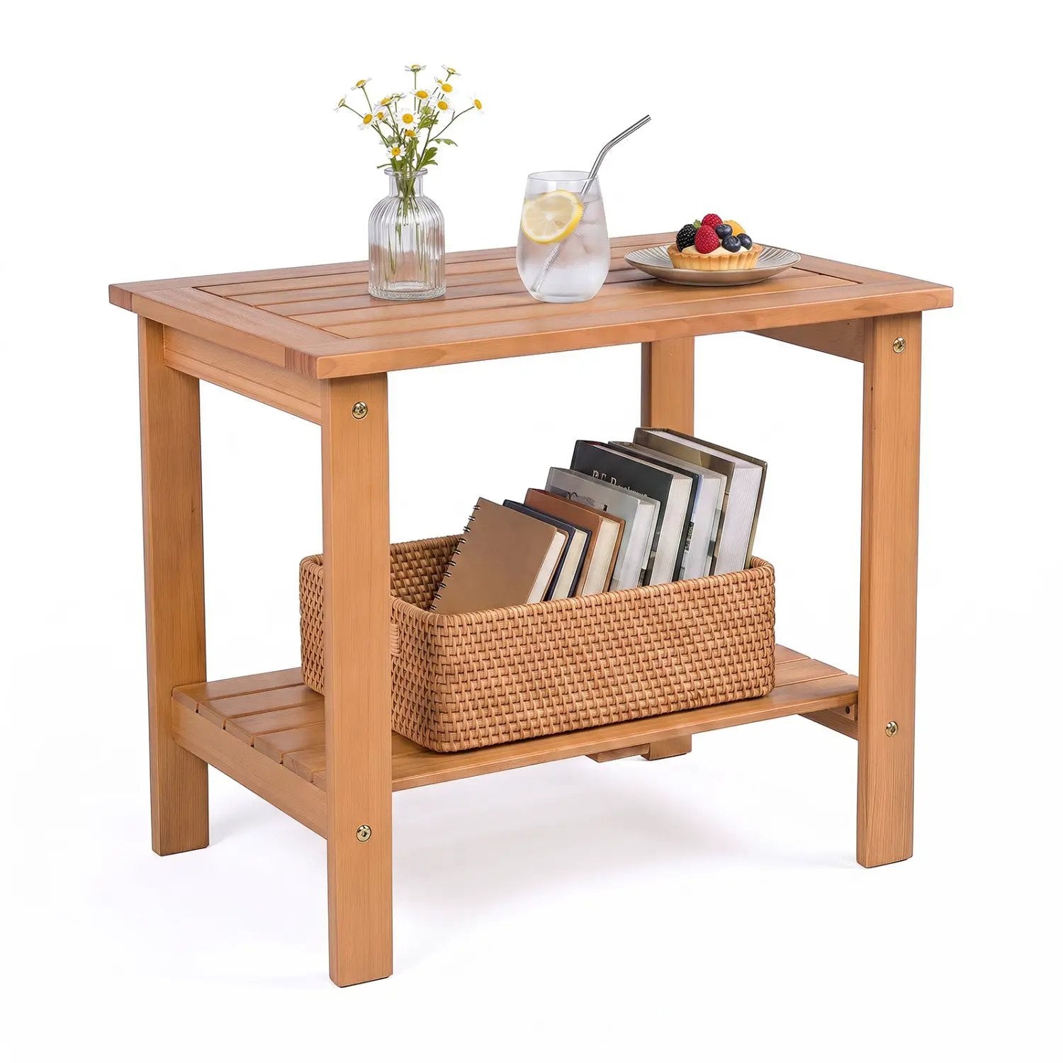 2-Tier Eucalyptus Wood Patio End Table with Storage Shelf by DirectDeals