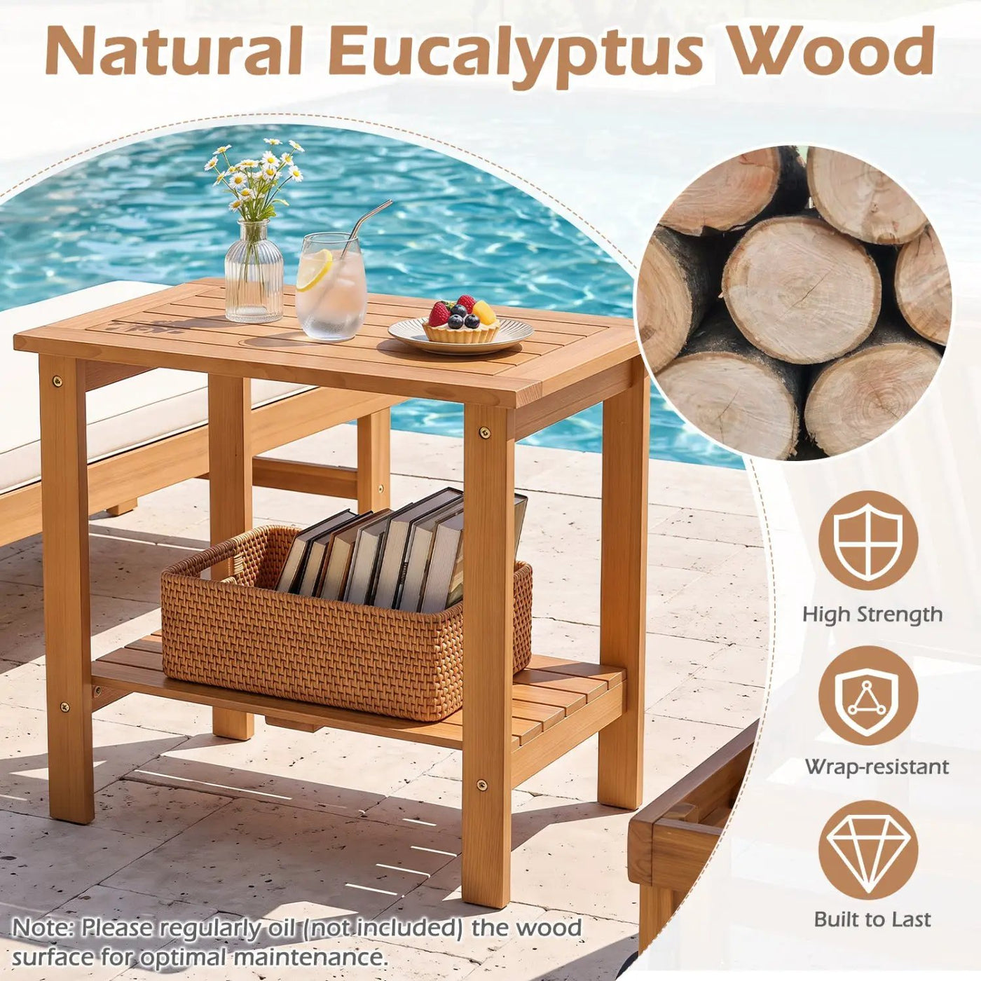 2-Tier Eucalyptus Wood Patio End Table with Storage Shelf by DirectDeals