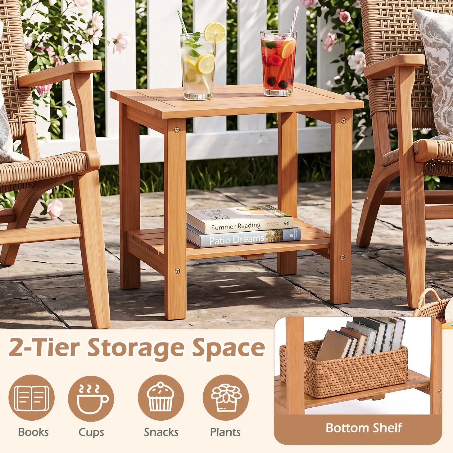 2-Tier Eucalyptus Wood Patio End Table with Storage Shelf by DirectDeals