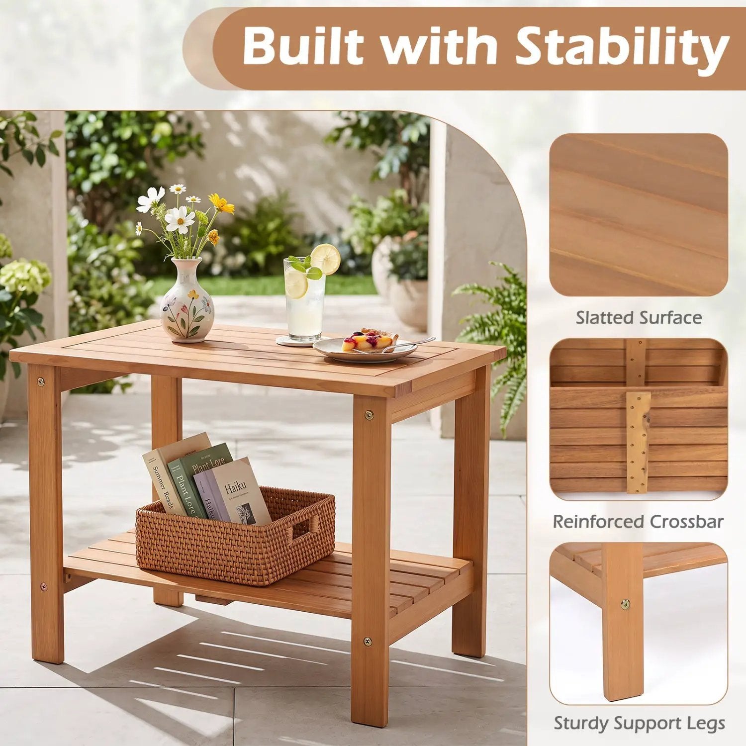 2-Tier Eucalyptus Wood Patio End Table with Storage Shelf by DirectDeals