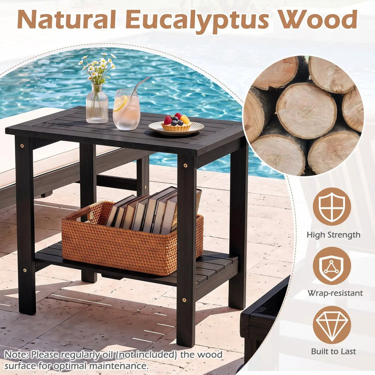 2-Tier Eucalyptus Wood Patio End Table with Storage Shelf by DirectDeals