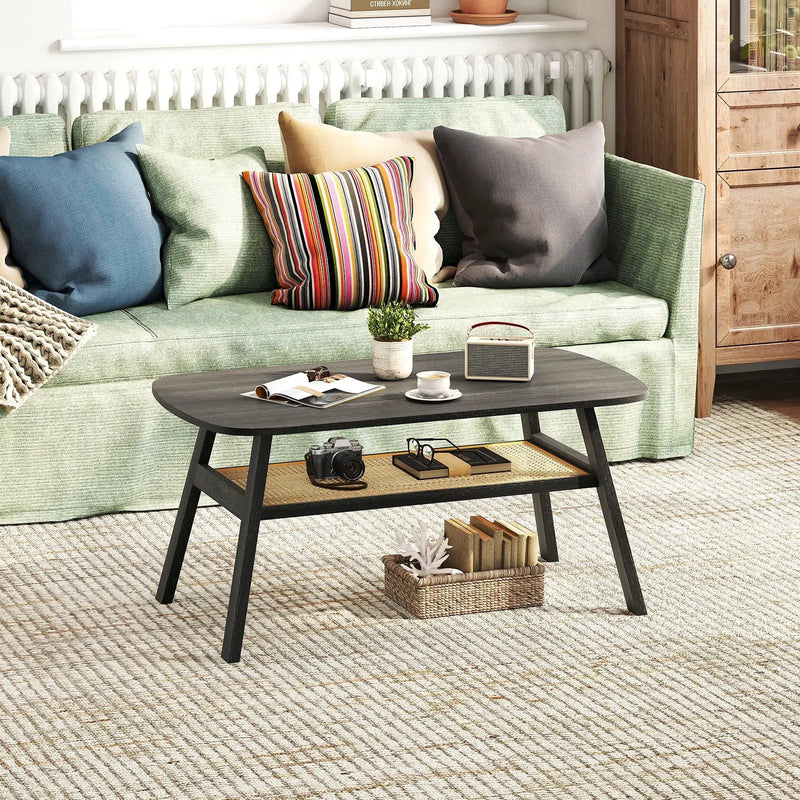 2-Tier Rectangular Center Coffee Table with Rattan Storage Shelf and Rubber Wood Legs-Dark Gray by DirectDeals