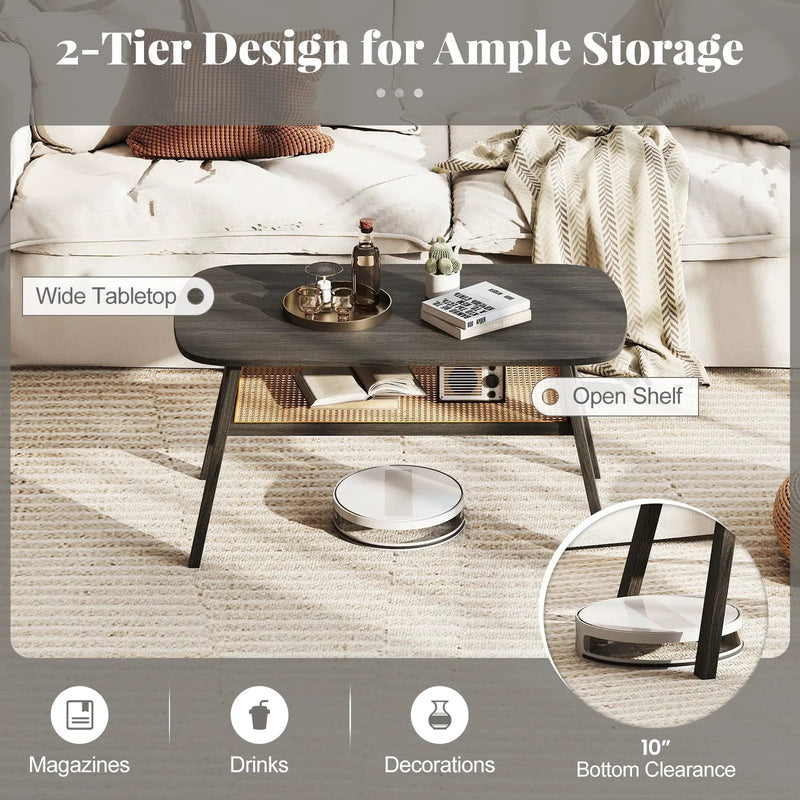 2-Tier Rectangular Center Coffee Table with Rattan Storage Shelf and Rubber Wood Legs-Dark Gray by DirectDeals