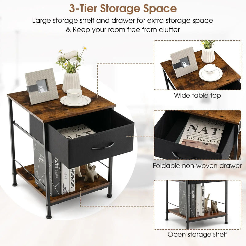 2 Tiers Wood Nightstand with Drawer for Bedroom and Living Room-Rustic Brown by DirectDeals